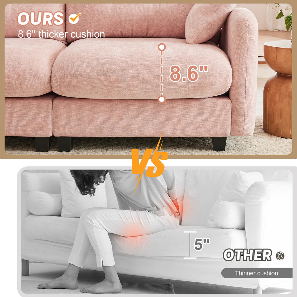 107" L Shaped Couch, Chenille Upholstered Modular Sectional Sofa, 3 Seater Deep Seat Sofa with Movable Ottoman, Modern Cloud Couch with Thick Seat Cushion, Sectional Couches for Living Room, Pink