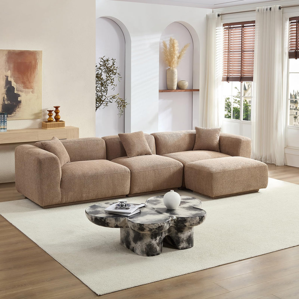 125 in. L-Shaped Modular Sectional Sofa with Ottoman, Brown