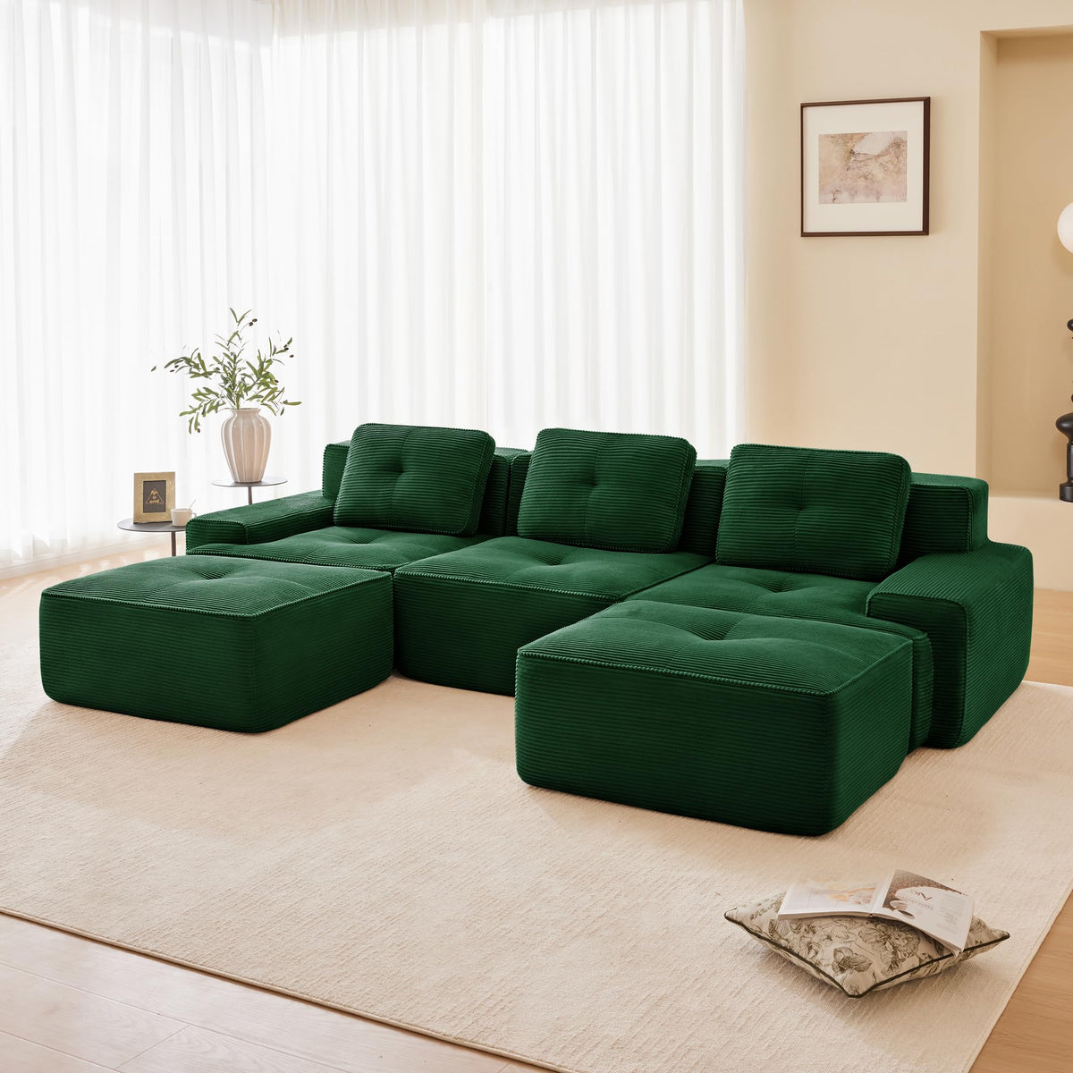 Tidyard 11? Modern U-Shaped Modular Sectional Sofa for Living Room, Corduroy Fabric 3-Seater with Movable Ottoman, Deep Seat, Tufted Design, No Assembly, Anti-Slip Base, Green