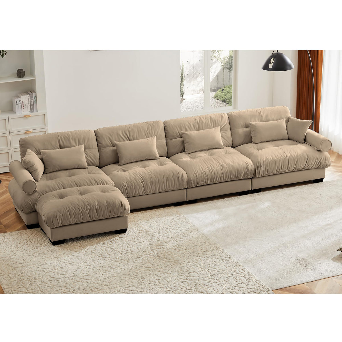 130" Modular Sectional Sofa,Velvet Upholstered Couches for Living Room,3 Seater Green Sofa Couch with Movable Ottoman,Big Comfy Loveseat Sofa with Deep Seats for Living Room,Apartment,Bedroom