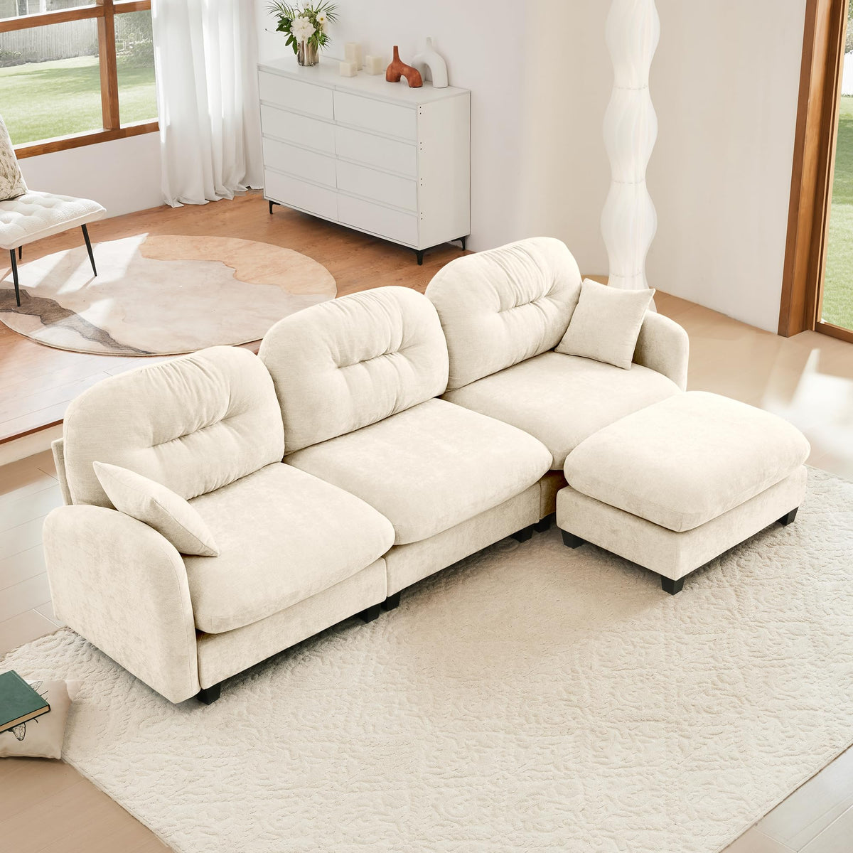 Tidyard Modular L-Shaped Sectional Couch with Ottoman, Beige Chenille Fabric, Tufted Backrest, Ergonomic Design for Living Room, Bedroom or Reading Nook