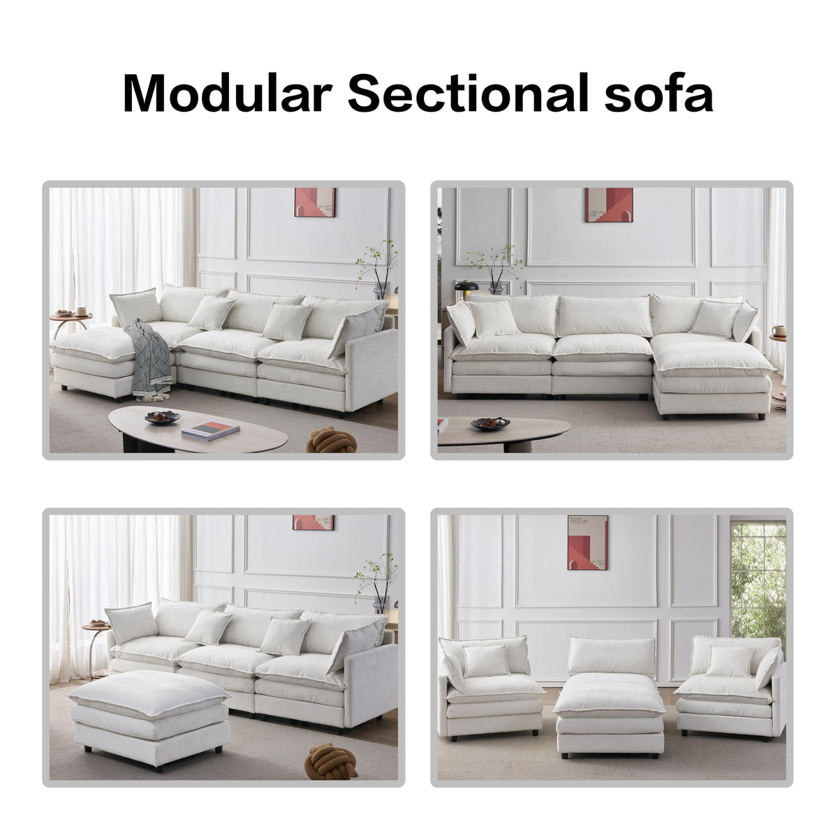 105 Inch Modular L Shaped Sofa with Ottoman, 3 Seater Chenille Fabric Sectional Couch, Independent Pocket Spring & High Density Foam Cushion, Solid Wood Frame Tool (Three White Seats)