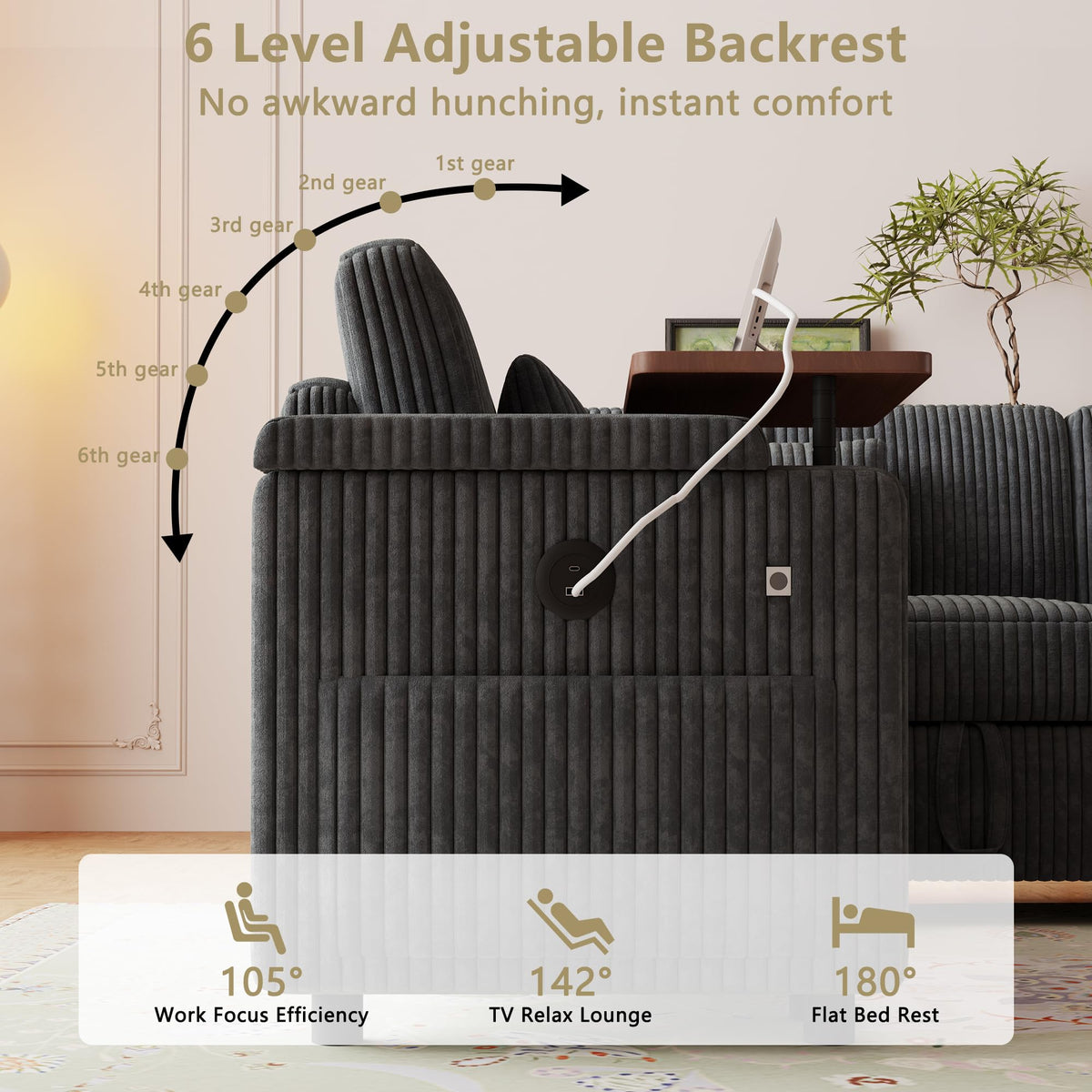 100'' Sectional Sleeper Sofa, Corduroy U Shaped Reclining Couch, Dark Gray