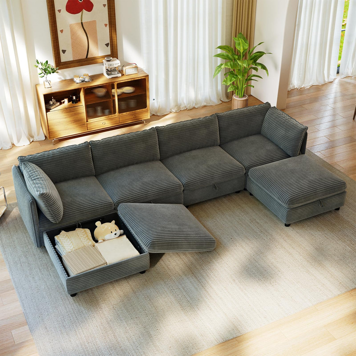 10 Seat U Shaped Modular Corduroy Sofa Bed Couch with Hidden Storage and Movable Ottomans Deep Seat Convertible Sectional for Sectional Couches for Living Room Bedroom, Black
