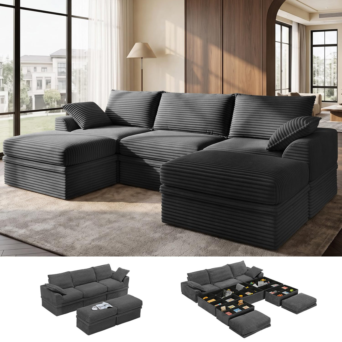 Upgraded Boneless Couch with Storage, 107" Modular Sectional Sofa Couches for Living Room, Extra Deep&High 3 Seater U-Shaped Boneless Sofa with Ottoman, Tool-Free Assembly, Black