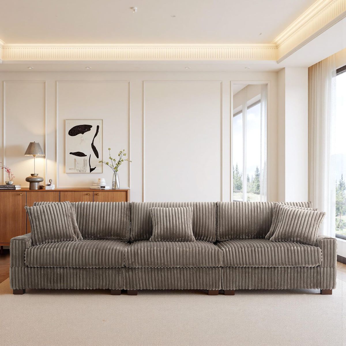 118.3" L-Shaped Modular Sectional Sofa with Chaise, Comfy Corduroy Fluffy Couch with Deep Seat, Flexible Module Combination for Living Room, Cotton Flannel Light Brown