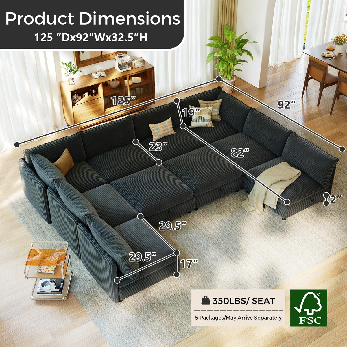 10 Seat U Shaped Modular Corduroy Sofa Bed Couch with Hidden Storage and Movable Ottomans Deep Seat Convertible Sectional for Sectional Couches for Living Room Bedroom, Black