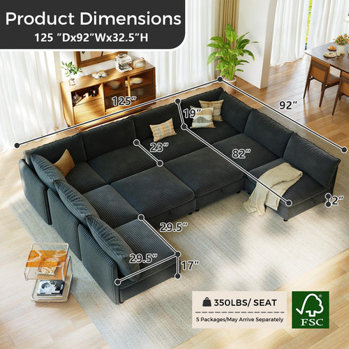 10 Seat U Shaped Modular Corduroy Sofa Bed Couch with Hidden Storage and Movable Ottomans Deep Seat Convertible Sectional for Sectional Couches for Living Room Bedroom, Black