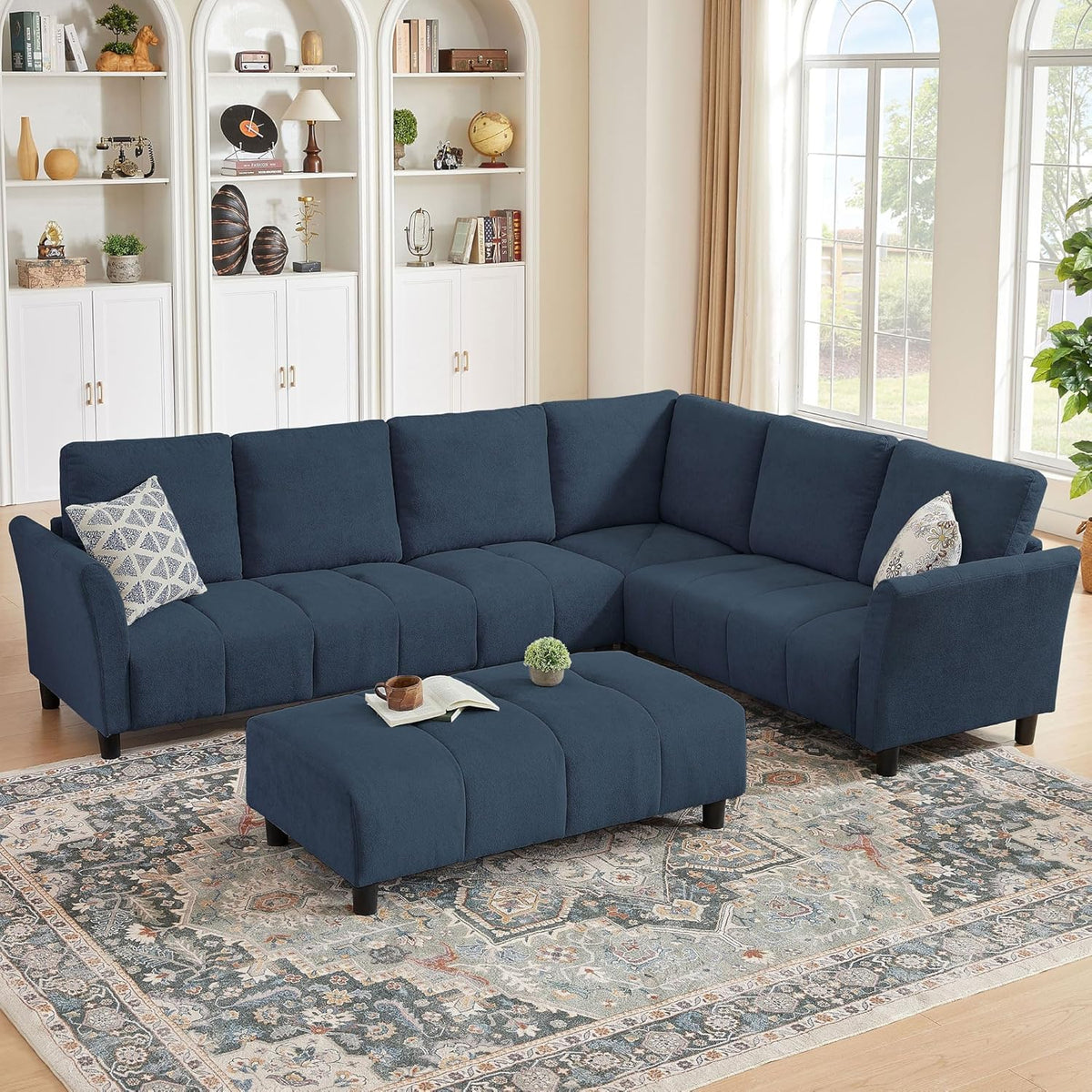 103" Convertible Sectional Sofa with Long Ottoman, Modern Upholstered Fabric L-Shaped Couch with Back Cushions, 6 Seat Sofa Couches for Living Room, Apartment, Office, Light Grey