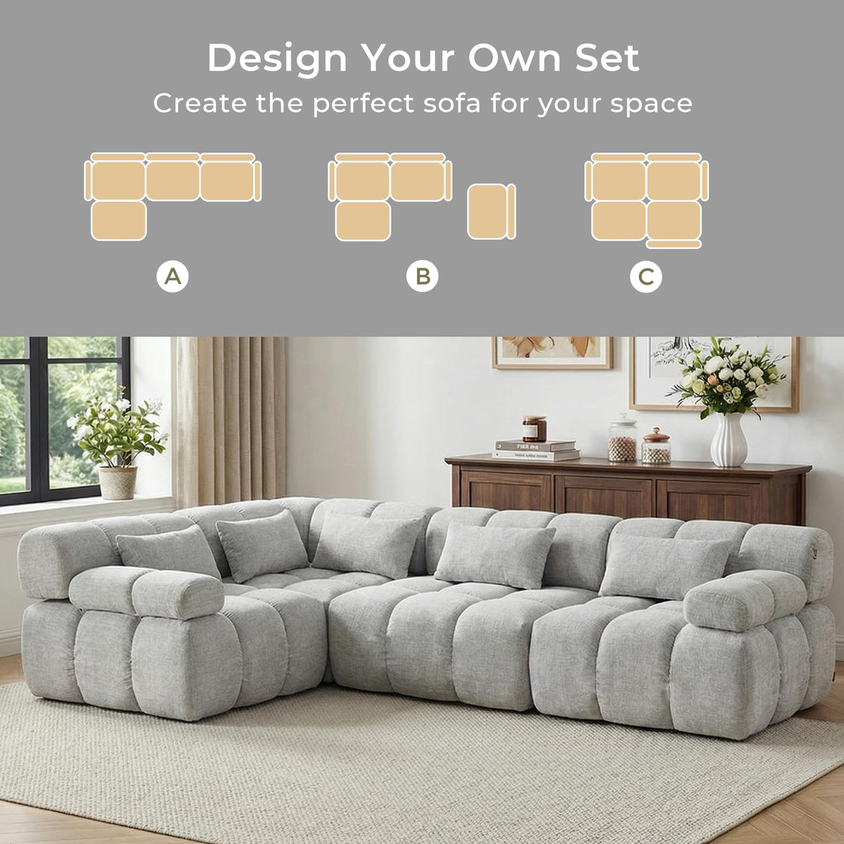 WELAX 114" Boneless Cloud Sectional Couches, Modular Couch L-Shape with Ottoman & Pillows, Luxury Design Chenille Sofa, 4 Seater Home Comfy Sofas for Livingroom, Bedroom, Grey