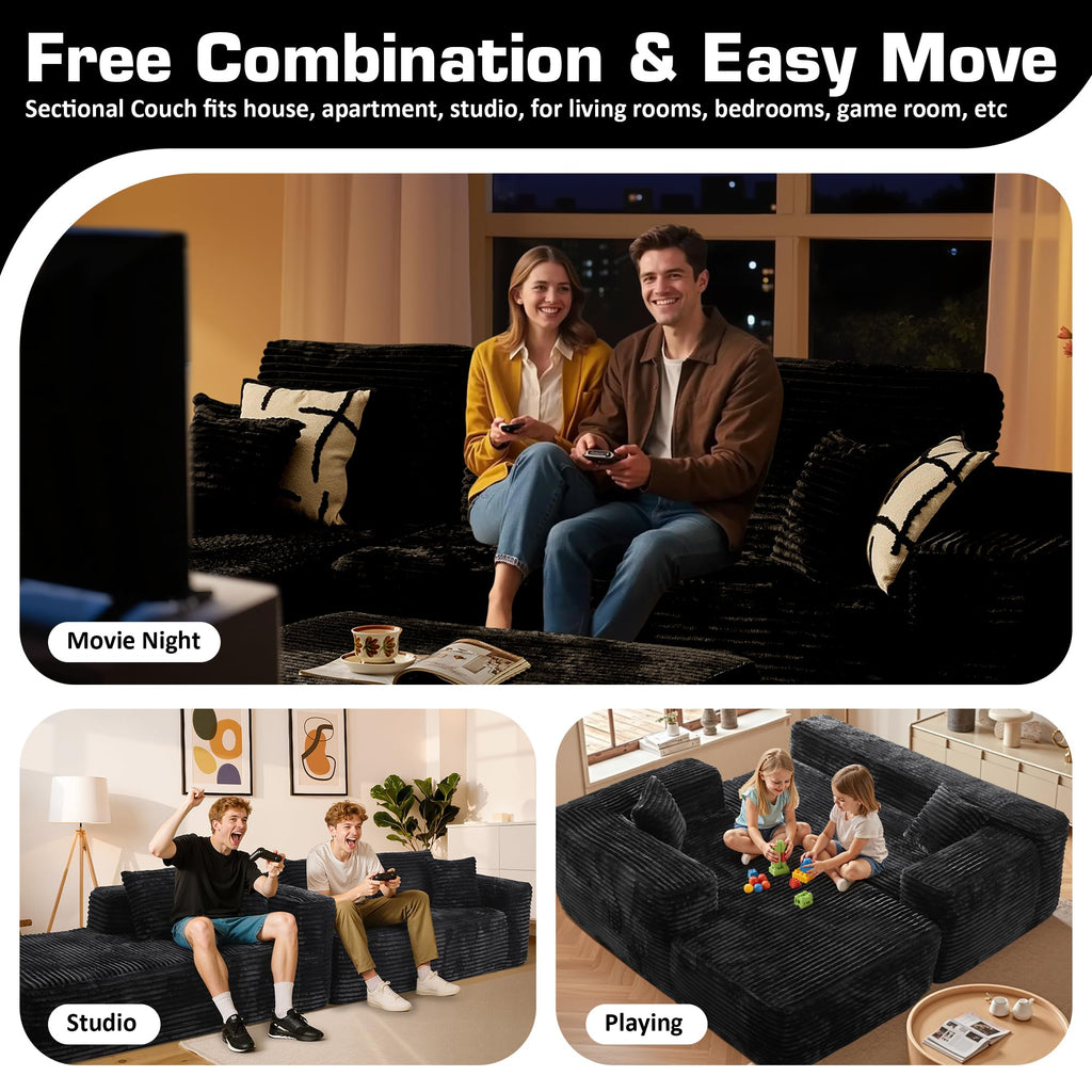 106" Cloud Sectional Couch with L-Shape Chaise & Ottoman, No Assembly Modular Sofa, Deep Seat Plush Corduroy Boneless Couched for Living Room (Black Plush Corduroy, L Shape with Ottoman-Left Facing)