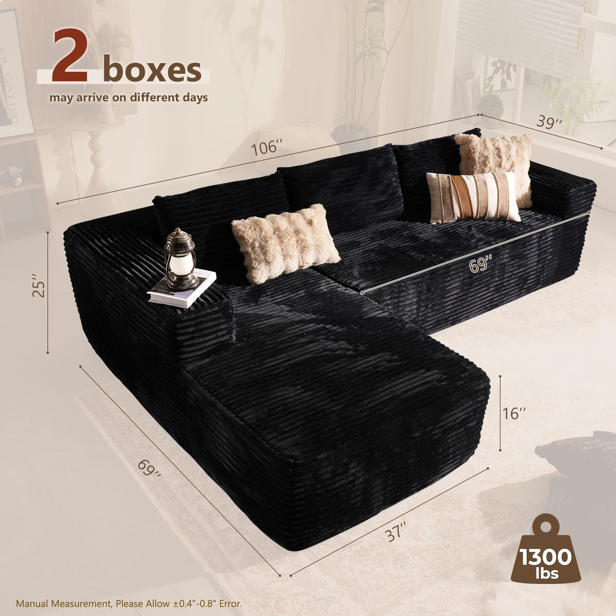 106" Modular Cloud Sectional Sofa Couch - L Shaped Lounge Couches for Living Room with Chaise,Mdoren Minimalist Sleeper Sofa,Deep Seat,No Assembly Required (Black,Plush Fur, Left Facing Chaise)