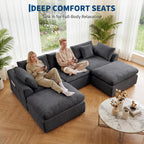 111" Boneless Sectional Couches for Living Room, 5 Seater Deep Seated U Shaped Cloud Couch with Ottomans, Chenille Compressed Modular Cloud Sofa Couch in a Box, No Assembly Required, Grey
