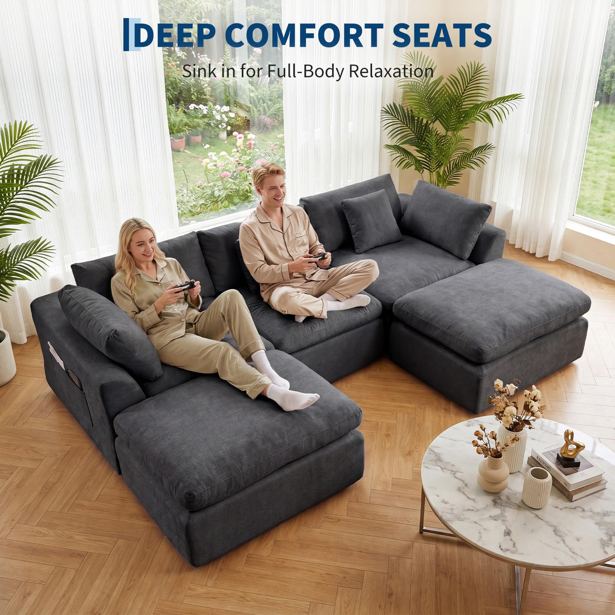 WildVenture Modular Chenille Sectional Sofa Set with 2 Ottomans,30D Chenille Upholstery with Polyurethane Foam, No Assembly Required, Compressed Easy-Move Design, Grey