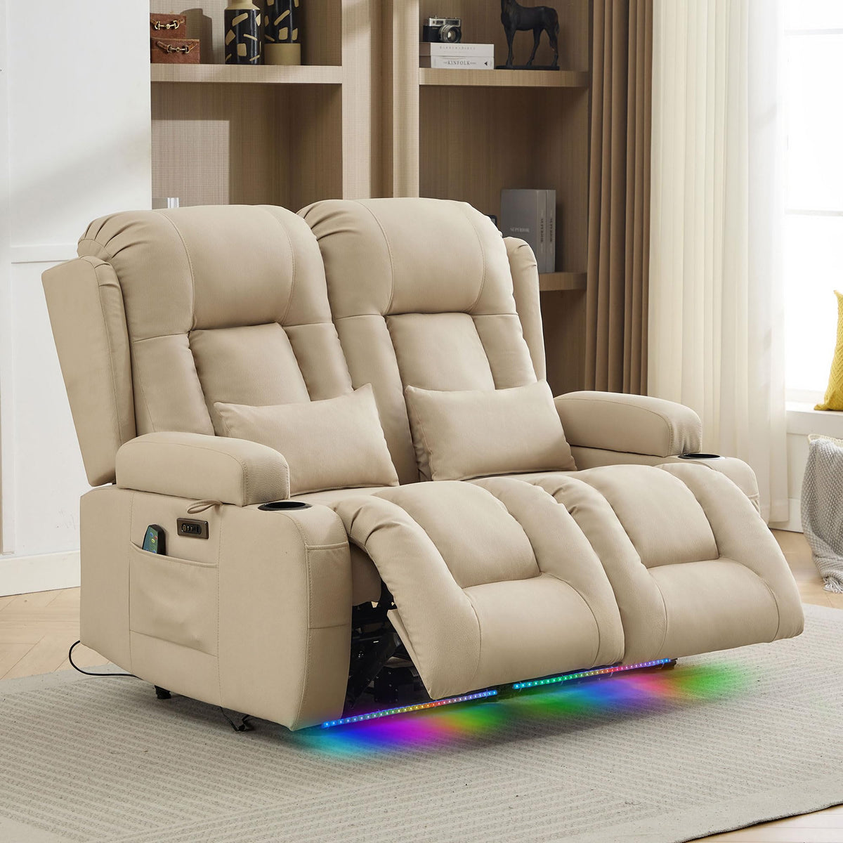 TUNYI Wall Hugger Loveseat Recliner Sofa with Console, Power Reclining Loveseat RV Couch with Massage & Heat/USB/Outlet/Storage/LED Light/Speaker (Blue, 2 Seat with Console)