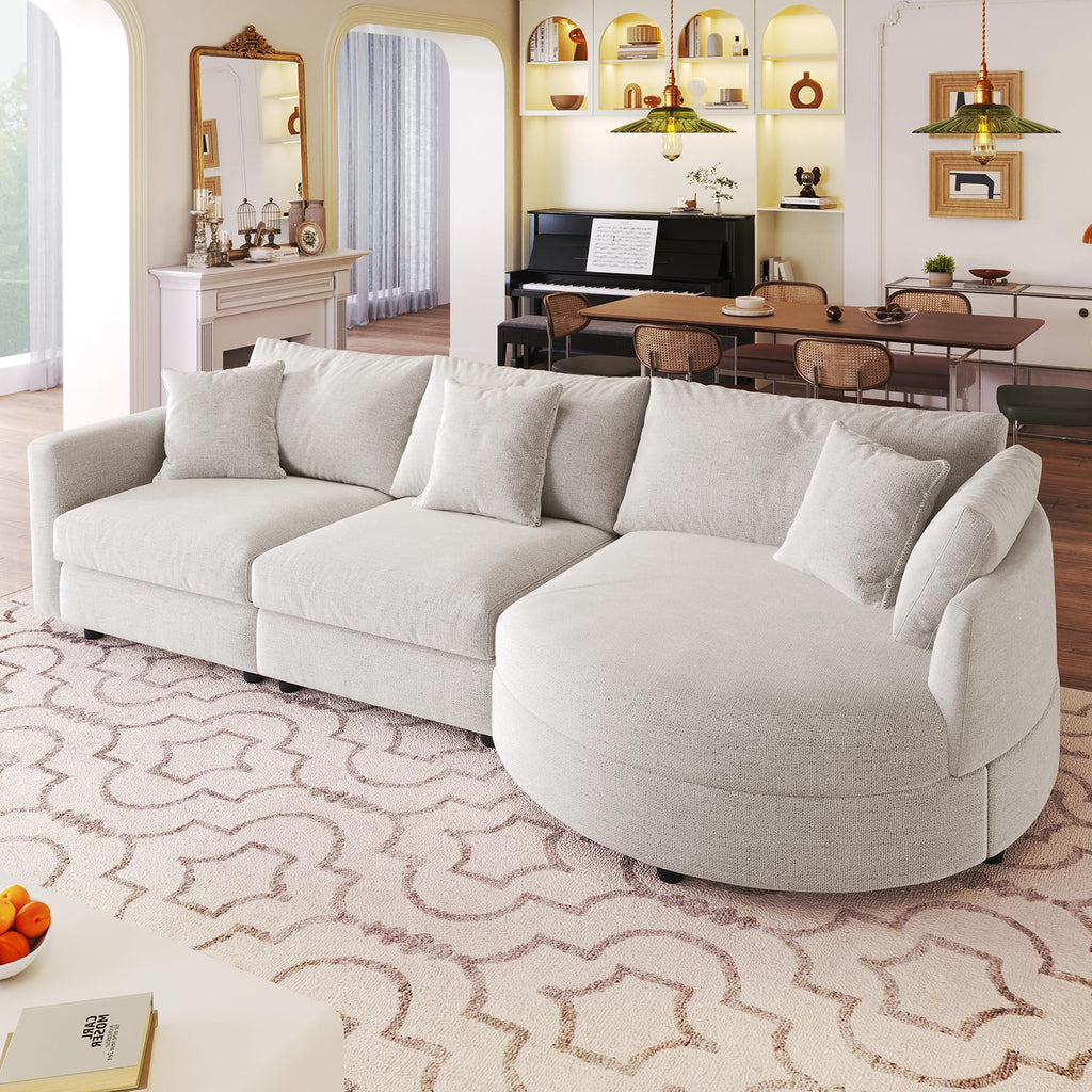 107" 3-Piece Chenille Sectional Sofa with Curved Chaise, Solid Pine Wood Frame & Compressed Foam Cushions, Modern L-Shaped Couch for Living Room/Office, Includes 3 Throw Pillows, Easy Assembly