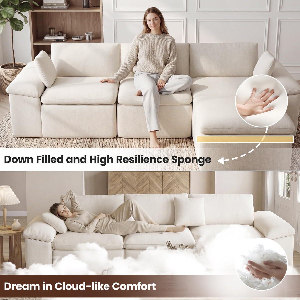 119.76" L Shaped Cloud Couches for Living Room,Large Modular Sectional Sofa with Ottoman,Convertible Couch Deep Seat Sofa with Pillow for Bedroom and Apartment, Beige