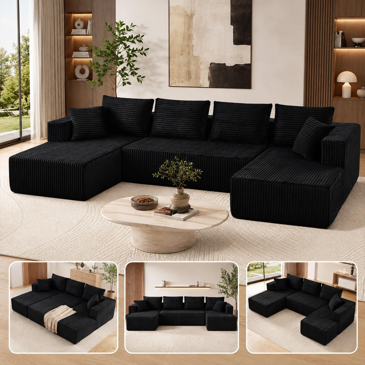 132" U Shaped Modular Boneless Sectional Couch, Corduroy Cloud Sofa