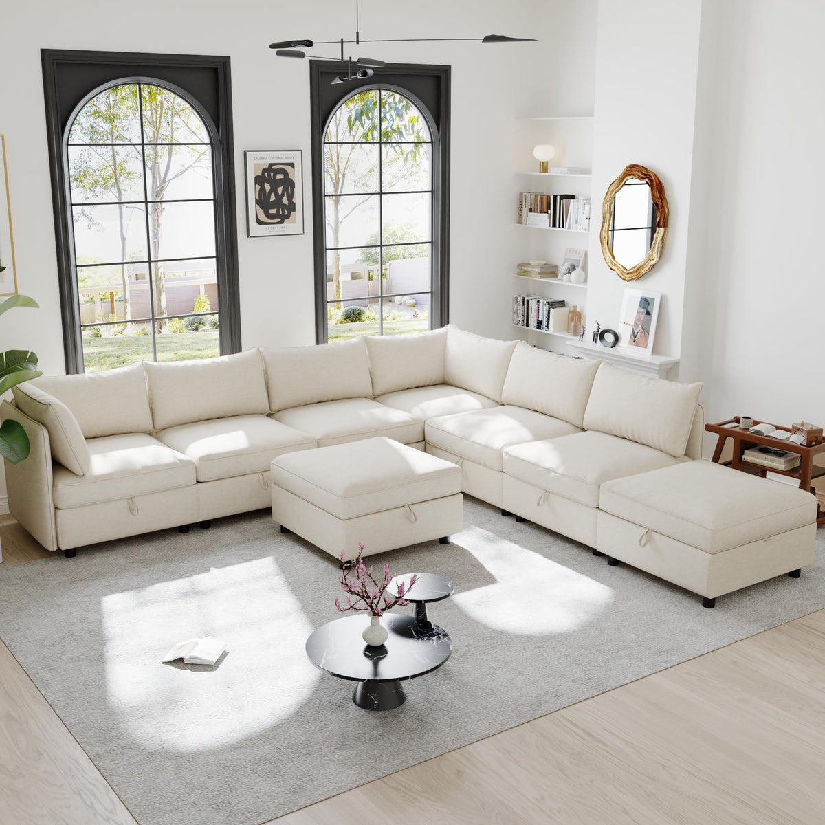 129” Modular Sectional Sofa, Convertible 6 Person U Shaped Couch with Storage, 2 Removable Ottomans & Deep Seats, Memory Foam, Comfy Modular Couch for Living Room (Antique Blue, 6 Seat)