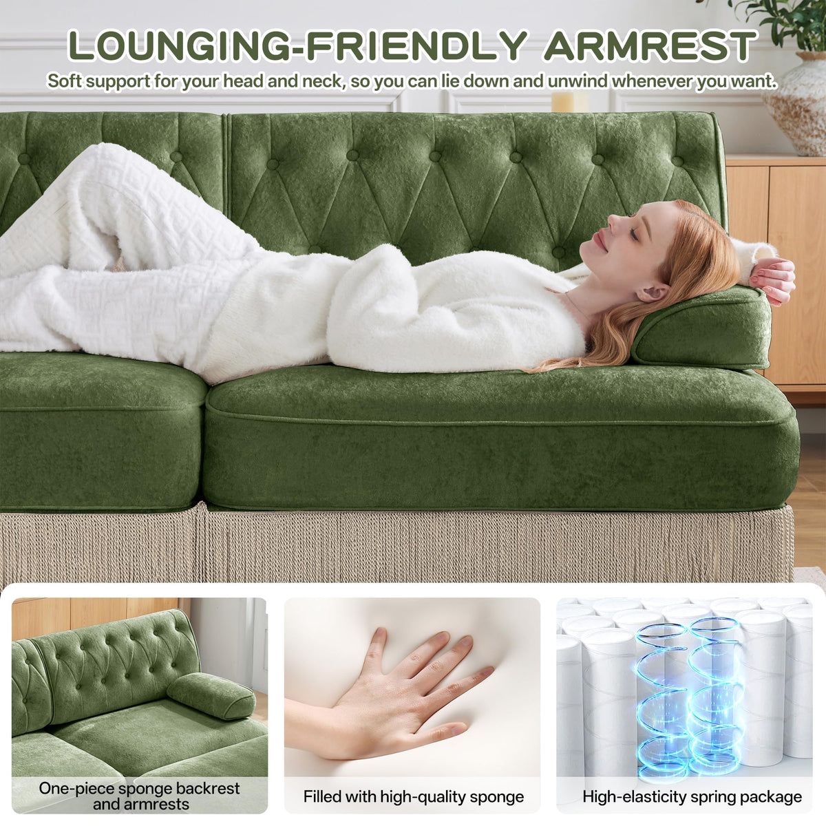 106'' Modern Chesterfield Style 3-Seater Sofa with 2 Ottoman, Upholstered Velvet Modular Sectional Sofa with Button Tufted, U Shape Deep Seat Cloud Sectional Couches for Living Room (Green)