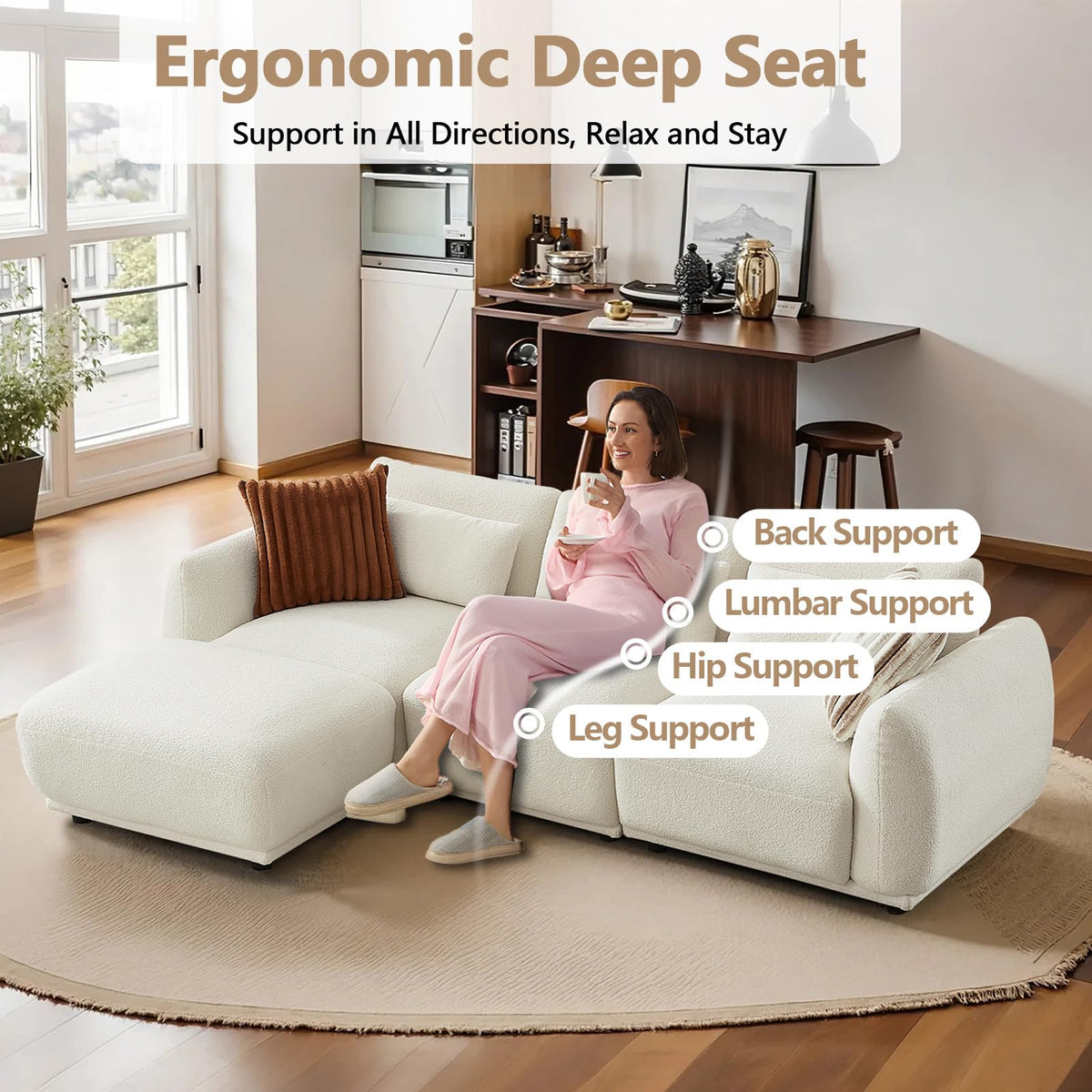 102" Modular Sectional Sofa,L-Shaped Couches with Movable Chaise,Cashmere Fabric Boneless Sofa with Deep Seat,Modern 4 Seat Cloud Sectional Couch for Living Room Office Home (Beige)