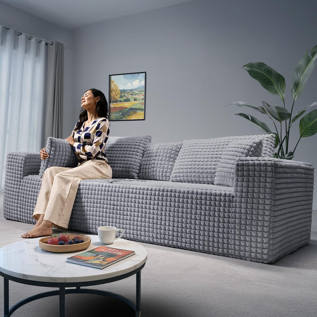101" Couch for Living Room Furniture Diamond Boneless Sofa with 31-inch Extra Deep Seat, No Assembly, Gray