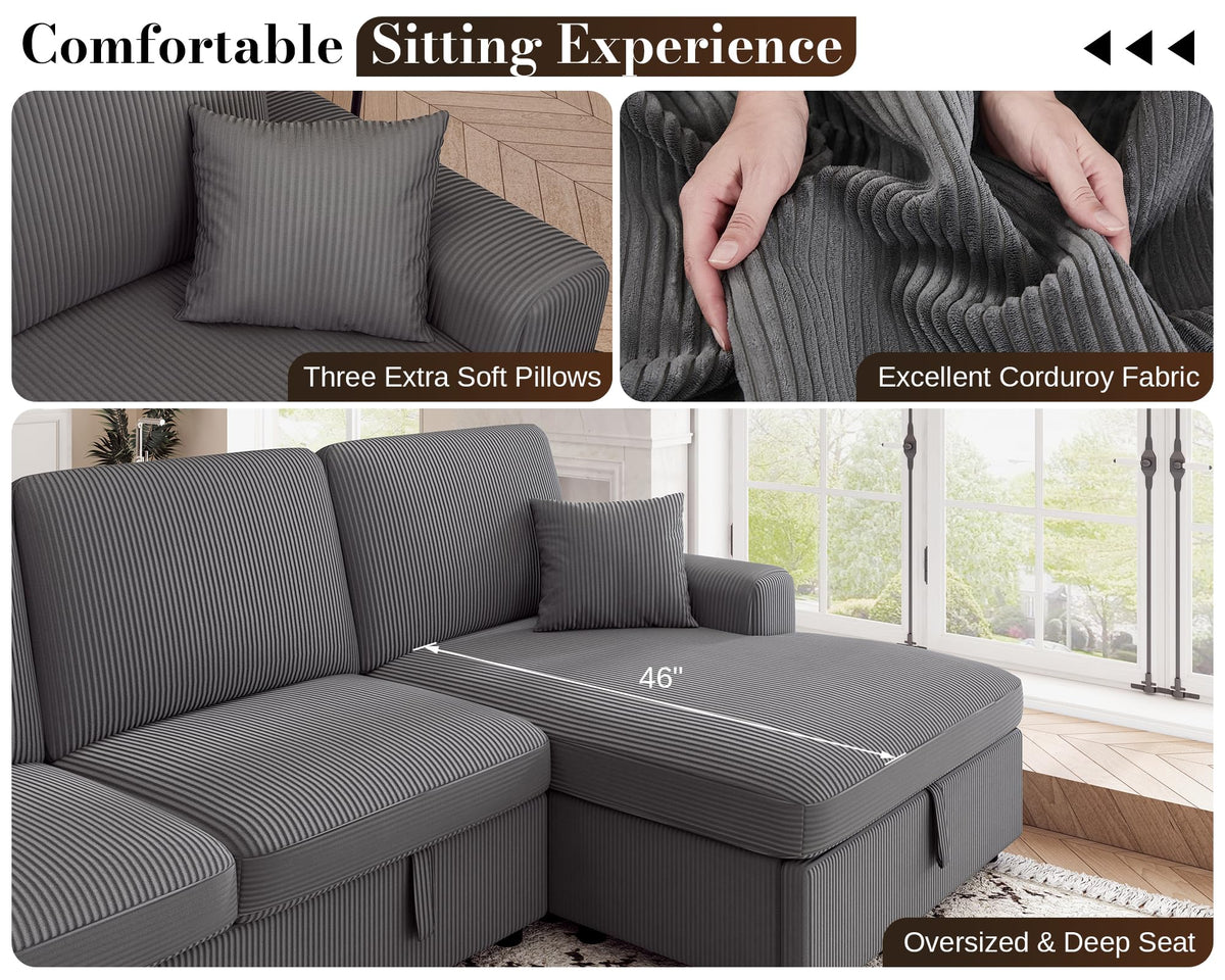 130" Sofa Bed, Sectional Sleeper Sofa, Pull Out Couch with Storage