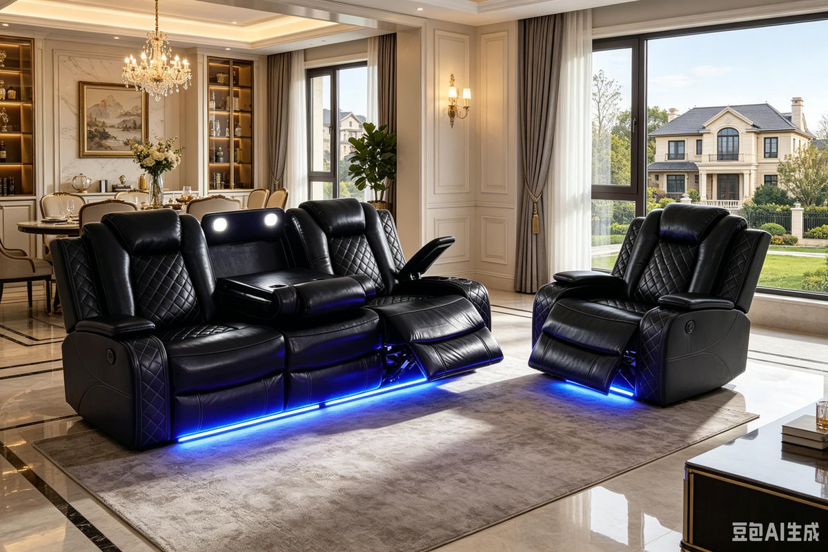 A Ainehome Power Leather Recliner Sofa Set with LED Lights, Recliner Sofa Sectional Couches for Living Room, Reclining Sofa, loveseat, Chair with USB Port/Storage Console/Cup Holder(black,3-piece set)