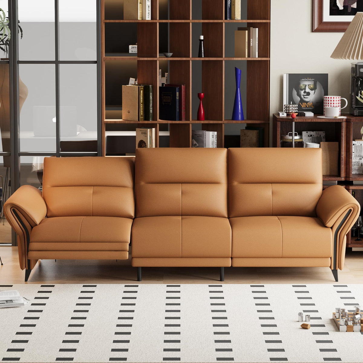 112.5" Orange Leather 3-Seat Power Recliner Sofa Dual Motor