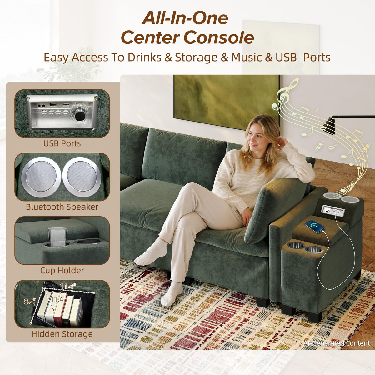 121.2" Oversized Sectional Couches U-Shaped Modular Sofa Bed,Green