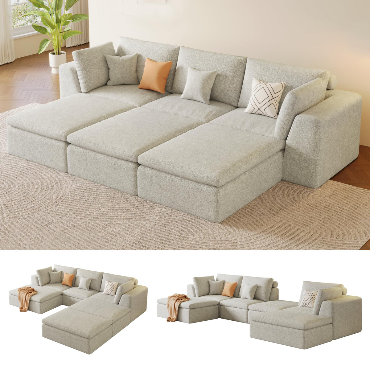109" Oversized Modular Sectional Sofa L Shaped, Cloud Sectional Couch with Ottoman Deep Seat,Boneless Memory Foam Sofa for Living Room,Teddy Fleece Fabric, No Tools Assembly Required (Beige,1 Ottoman)