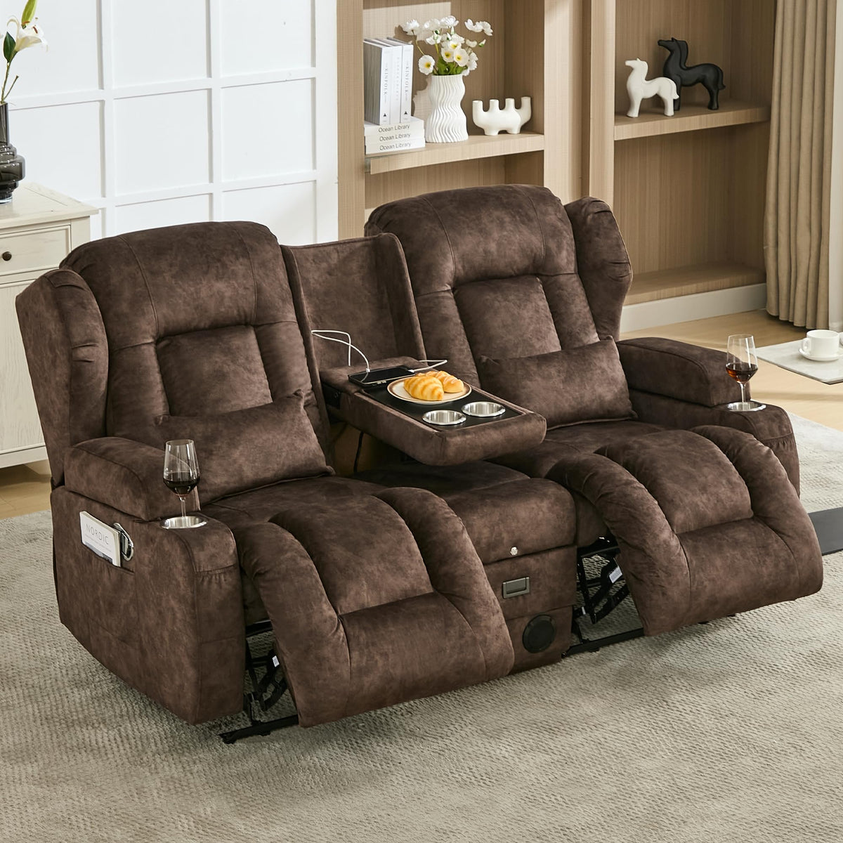 URRED Manual Loveseat Rocker Recliner Sofa with Console，Dark Gray