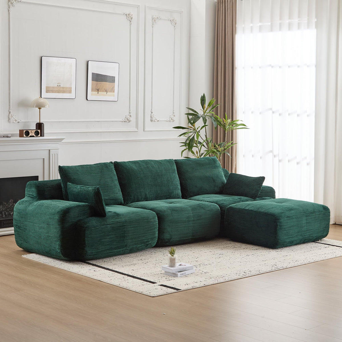 Tidyard Foam Sectional Sofa, Pet-Friendly Corduroy Fabric, No Assembly Required, Extra Deep Loveseat for Living Room, Green