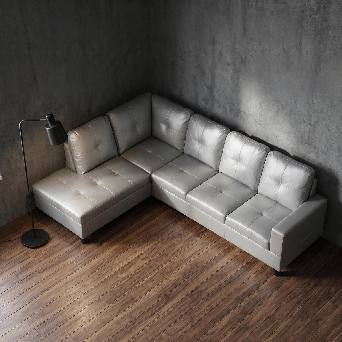 103.5" Sectional Couch with Movable Ottoman, L Shaped 4 Seater PU Faux Leather Sofa w/Chaise Lounge, Comfy Modern Modular Couch for Living Room, Apartment, White Stripes, Right, 3PCS