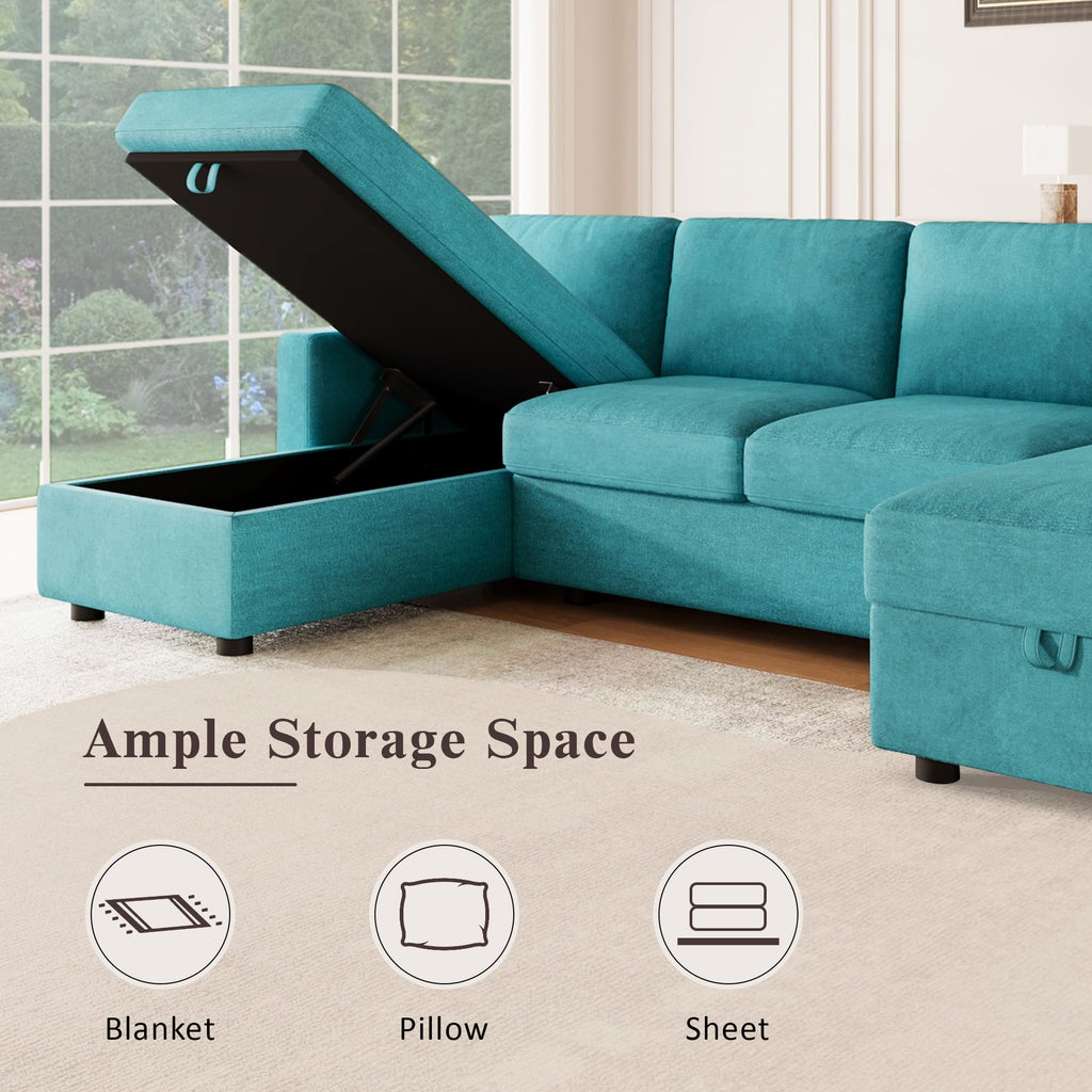 103.9" Sectional Sofa Convertible Sectional Sofa U Shaped Sofa with Two Storage Chaise Lounges and Four USB Ports for Living Room, Teal
