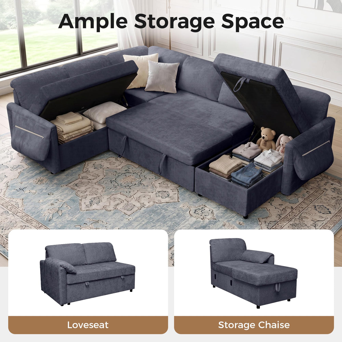 Tbfit 107" U-Shaped Sectional Sleeper Sofa, 7-Seat Sofa with USB & Storage Chaise for Family Rooms, Gray