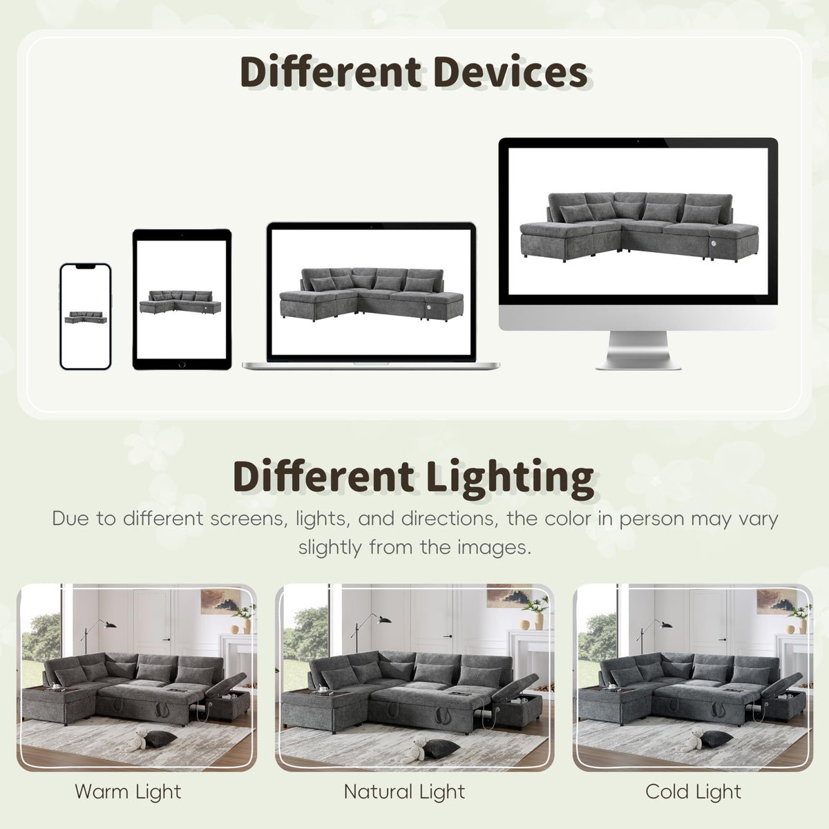 107'' Sectional Sleeper Sofa Bed with Pull Out Couch, Chenille L-Shaped Sofa with Adjustable Armrest, USB&Type-C Charging, Storage Ottoman, Free Combination for Living Room/Apartment, Gray