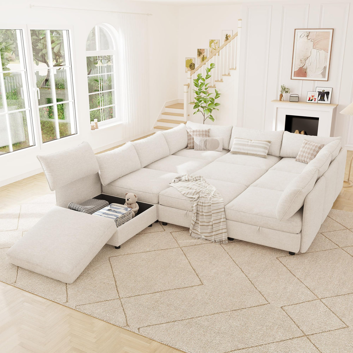 125" Chenille Modular Sectional Sofa Bed Hidden Storage, Convertible L U Shaped Sleeper Couch, 8 Seat Modern Modular Sectional Sofa with Removable Covers & Ottoman Chaise, for Living Room, Beige