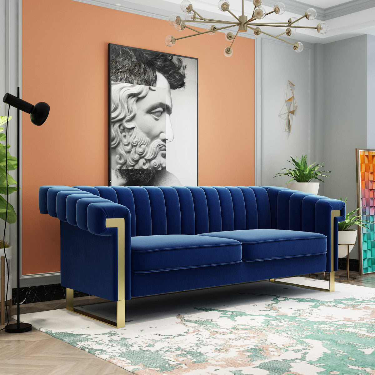 Tomkate 84" Chesterfield Sofa, Modern Velvet 3-Seater Couch with Gold Metal Legs & Removable Cushions, Upholstered Comfy Sofa with Stainless Steel Base for Living Room, Bedroom, Office (Green)