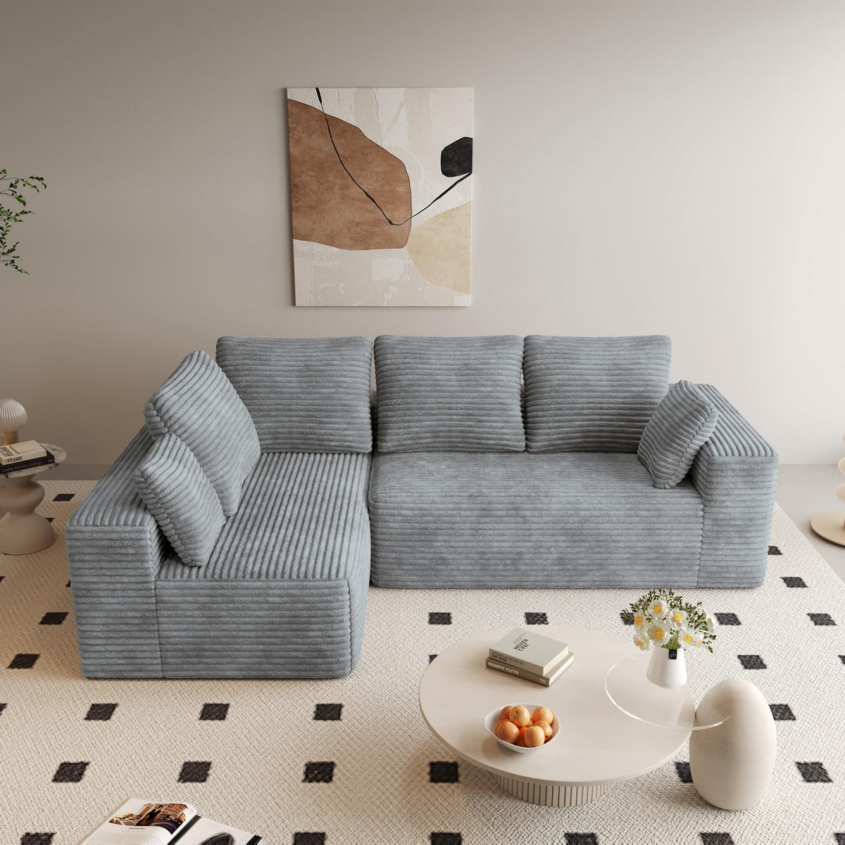 134 Inch Oversized Boneless Sofa Bed, Fluffy Corduroy Sleeper Sofa for Apartment Bedroom Living Room, Comfy Modular Cloud Sectional Couch, Boneless Couch, No Assembly, Brown