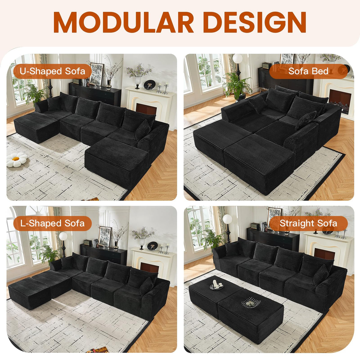 130" Modular Sectional Sofa with Ottoman, U-Shaped Corduroy Couch