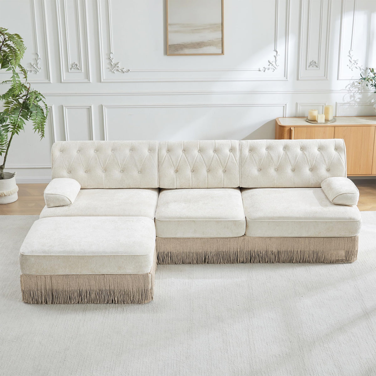 Velvet Modular Sectional Sofa, 135.6 Inch Chesterfield Style, Camel