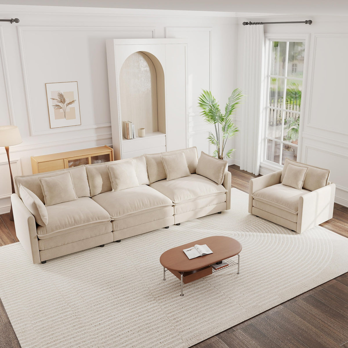 White Modular Sectional Sofa 3-Piece Set, Modern Deep Seat Chenille Couch, Loveseat, Single Sofa, Oversized Modular Couch for Living Room