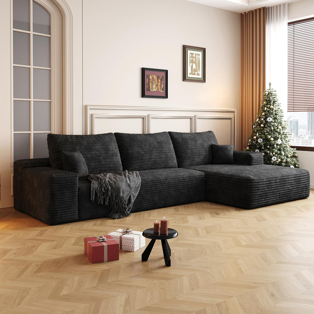 107" Cloud Sectional Couch with L Shape Chaise,Modular Sofa with Deep Seat, Upholstered Couches for Living Room Bedroom,No Assembly Required, Black(Plush Corduroy Fabric) IK741
