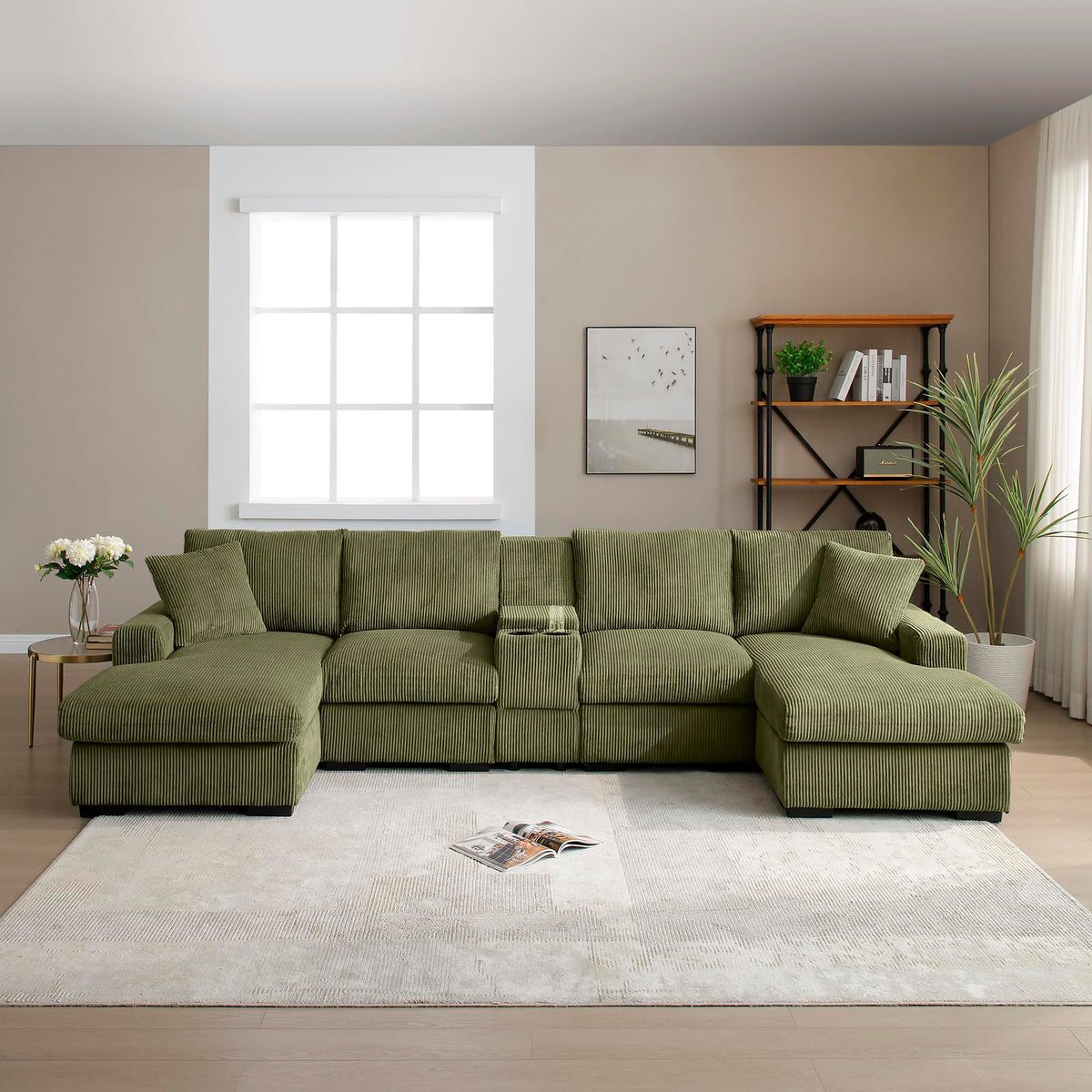 126" Oversized U Shaped Couch,Cloud Couch with Console,USB,Cup Holders & Storage,Corduroy Couch,which can be Used as a Recliner Couch for Living Room or Apartment.(Green)