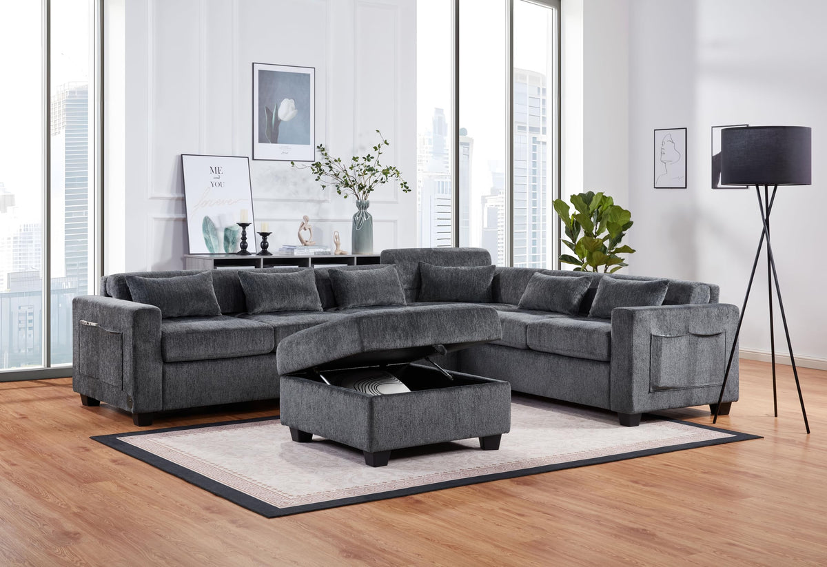 Trey Gray Chenille Sectional Sofa with Adjustable Backrest, Charging Ports, Side Pockets, Tufted Storage Ottoman, and Pillows