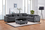 Trey Gray Chenille Sectional Sofa with Adjustable Backrest, USB Charging Ports, Storage Ottoman, and Throw Pillows for Modern Living Room