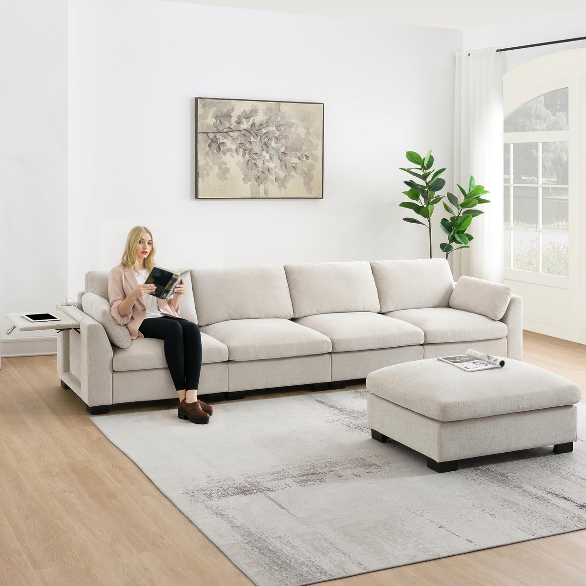 Tidyard 13? L-Shaped Modular Sectional Sofa with Charging Ports, Folding Table & Storage Pockets, 5-Seat Chenille Sofa with Ottoman, 2 Colors