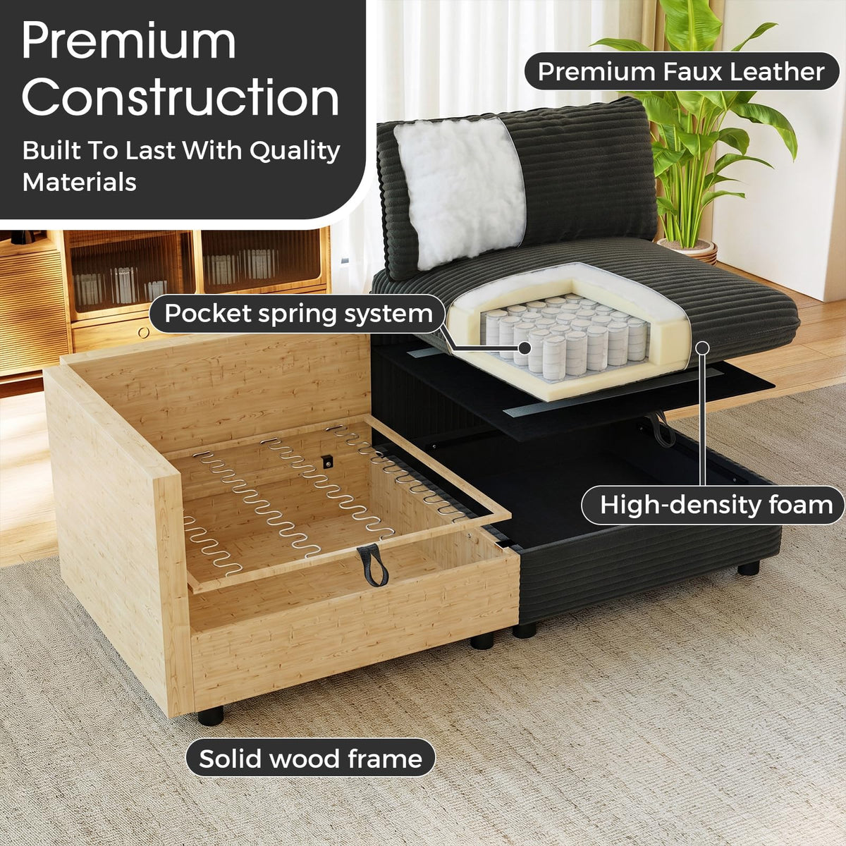 10 Seat U Shaped Modular Corduroy Sofa Bed Couch with Hidden Storage and Movable Ottomans Deep Seat Convertible Sectional for Sectional Couches for Living Room Bedroom, Black