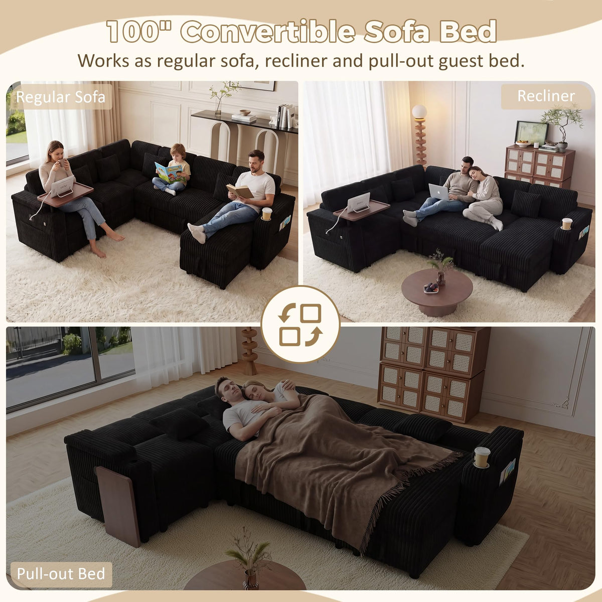 100" Convertible Sectional Sofa Bed, Pull Out Couch Bed with Storage Chaise, Table Board, USB Ports & Cup Holder, 7-Seater Modular Corduroy Sofa Bed, Reclining Sectional Couch for Living Room, Black